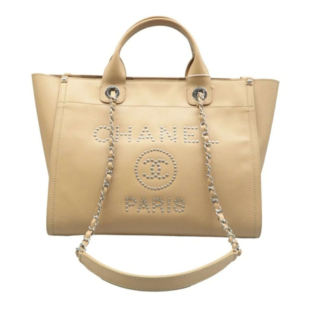 100% Authentic CHANEL DeauVille Beige Leather Satchel Bag - Picture 1 of 9